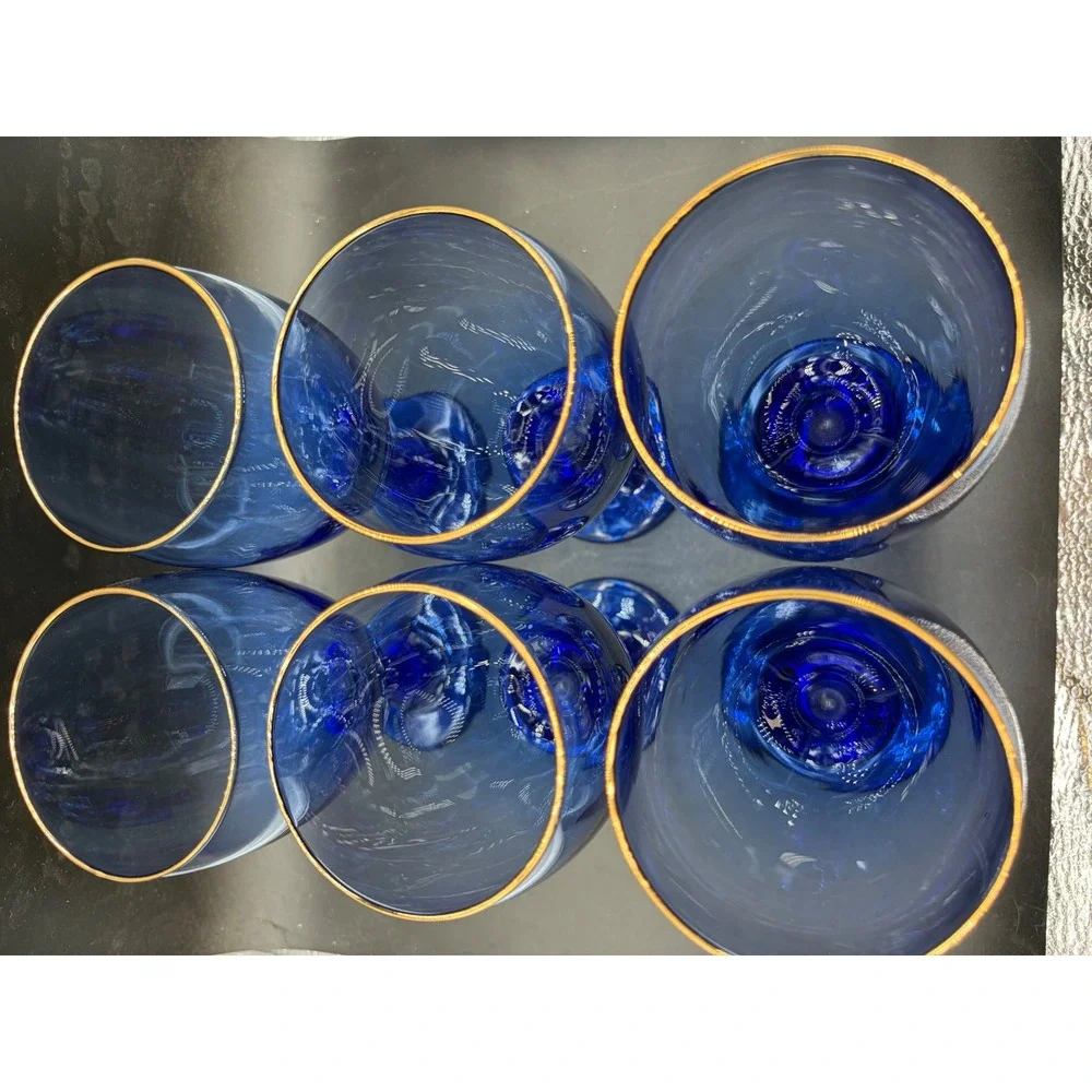 Vintage Cobalt Blue Gold Rim Stemmed Water Goblets Wine Glasses Set of 6